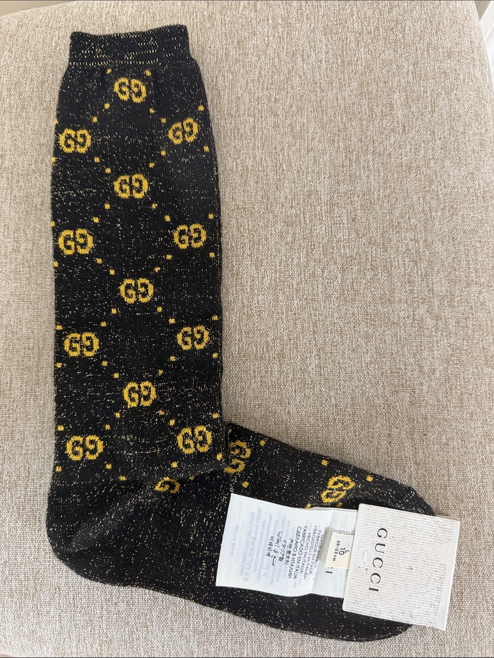 Gucci Black and Gold GG Jacquard Crew Socks in Youth Size L NWT
